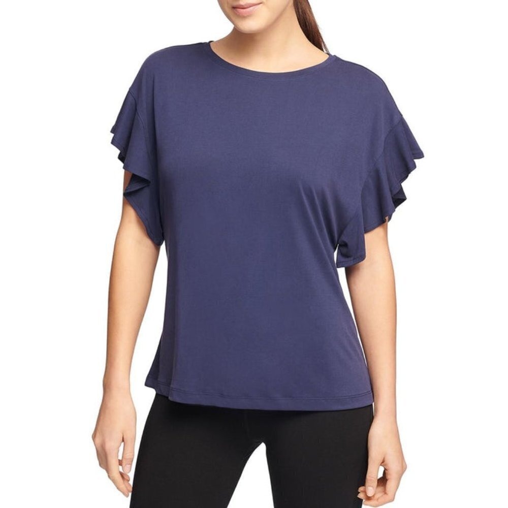 Donna Karan Active Navy Blue Ruffle Sleeve Shirt Womens M Athleisure Top